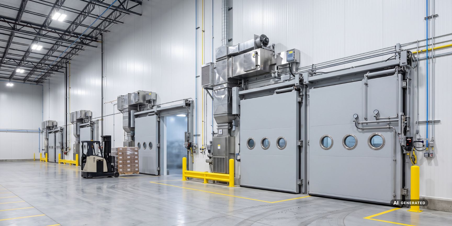 Interior view of a modern CA (Controlled Atmosphere) warehouse with gas-tight special doors and high-tech equipment for safe fresh food logistics.